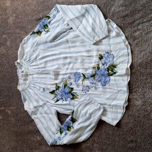 Anthropologie Light Blue & White Striped Floral Embroidered Blouse